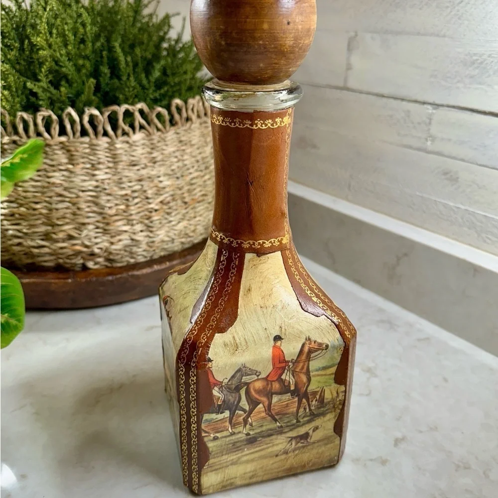 VINTAGE, GENUINE ITALIAN LEATHER-WRAPPED, EMPTY, GLASS LIQUOR DECANTER.